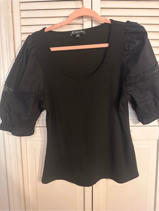 INC International Concepts Tops - INC International Concepts Black Ribbed Scoop-Neck Top with Lace Puff Sleeves